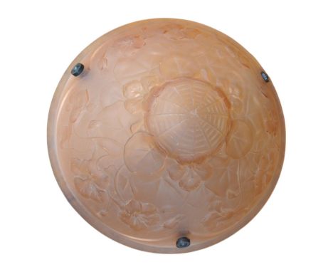 A French pink glass plaffonier ceiling lamp with antique brass fitting, chain and ceiling rose, circa 1930’s, wired, glass 35