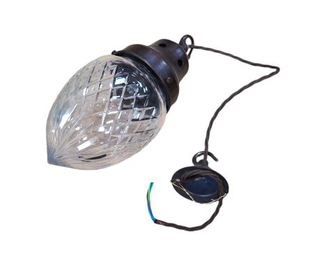 A 1920’s cut glass ceiling pendant light shade, with chain and rose, wired, glass including gallery 24cm high, 11cm across. C