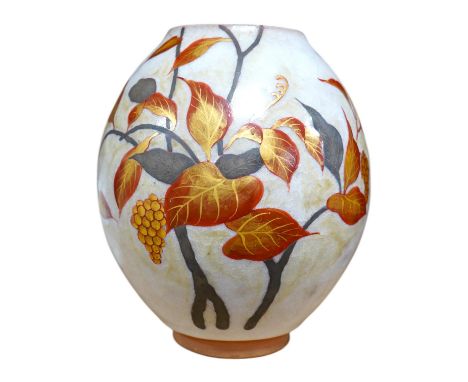 A Chinese terracotta and enamel vase with gilded leaf decoration, seal mark to the base, 23cm high. Condition - good