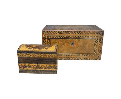 A Victorian Tunbridgeware dome-topped scent casket and a Tunbridgeware tea caddy, 23cm wide. Condition - fair