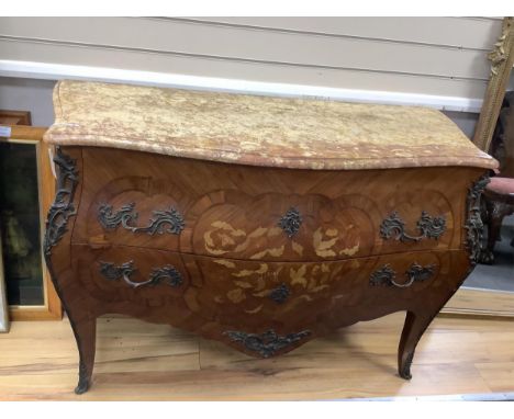 A French Louis XV style marble topped marquetry commode, width 127cm, depth 53cm, height 85cm. Condition - fair