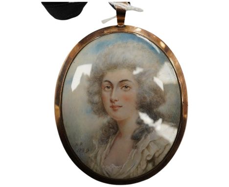 A late 18th century miniature on ivory, Portrait of a lady, initialled NR and dated 1799, lock of hair and seed pearls verso,