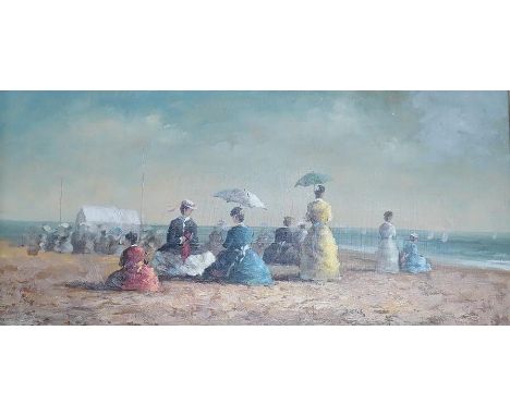 After Eugene Boudin (French, 1824-1898) impressionist oil on board, Figures on a beach, unsigned, 18 x 38cm, ornate gilt fram