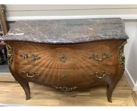 A French marble topped Louis XV style marquetry commode, width 119cm, depth 52cm, height 86cm. Condition - fair to good