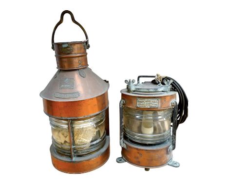 An early 20th century ship’s copper mast head lamp, and another copper ship’s lamp, largest 69cm high. Condition - fair Masth