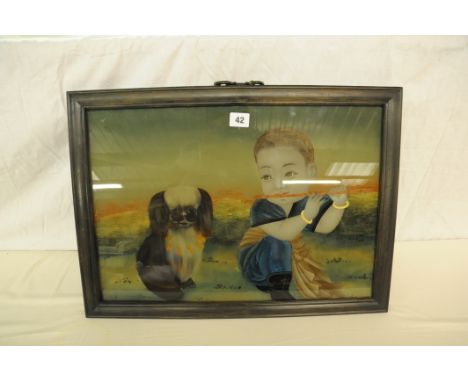 Chinese painting on glass depicting a boy playing the flute and a Pekinese - overall 22" x 16"