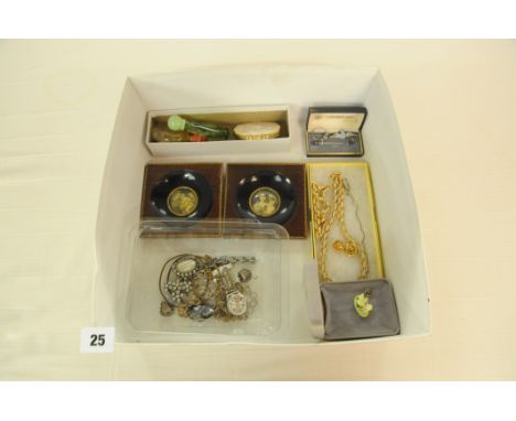Mixed lot comprising mother of pearl compact, scent bottles, costume jewellery etc 