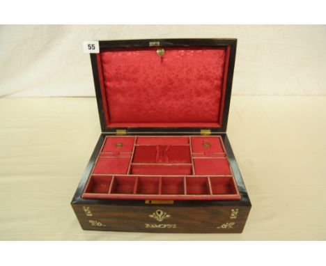 19th century rosewood with mother of pearl inlay sewing box with plush red fully complete interior - superb condition 