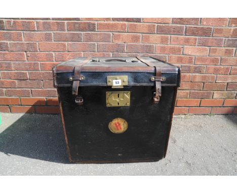 Square black leather Post and Parcels trunk with brass fitting - original sewn on label "Au Touriste En Face La Poste Monte-C