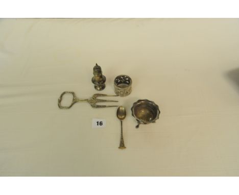 Hallmarked silver pepper pot, salt, spoon, one other and a plated bread fork 