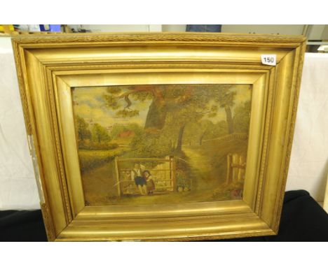 Early gilt framed oil on canvas - Children at Gate 