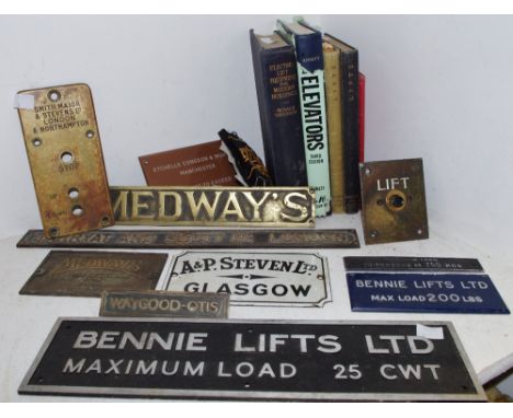 An interesting collection of brass plaques taken from lifts including Medways Safety Lift Company, Marryat and Scott Ltd. Lon