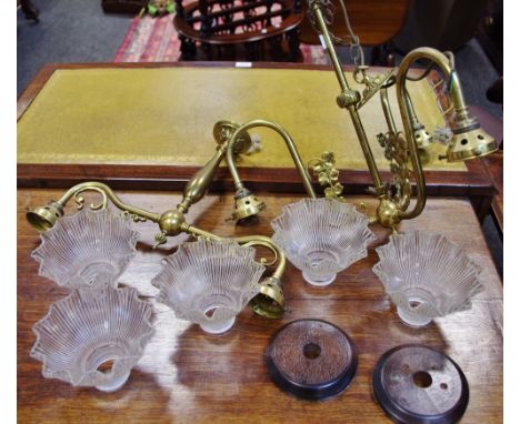Lighting - a Victorian three branch gas light converted chandelier, brass tubular scrolling arms, floral decoration, another 