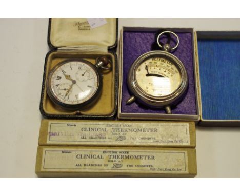 A continental silver open face pocket watch, white enamel dial, twin subsidiary registers, centre seconds, luminous spade han