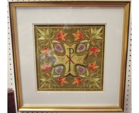 Textiles -a hand made ecclesiastical cross panel, gilt thread cross crown and letters P and X , within floral quartered surro