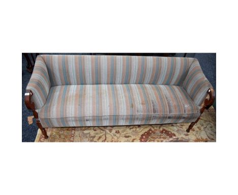 A Hepplewhite inspired sofa, low rectangular back, scroll handrests, turned forelegs, 185.5cm wide