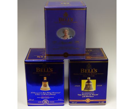 A Bell's Scotch Whisky Celebration decanter, The Queen Mother 100 years, 1900 - 2000, boxed; others, The Prince of Wales 50th