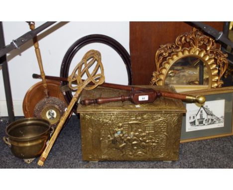 A brass coal box, embossed in relief; a copper bed warmer; a barometer in the form of a bed warmer; a three part tippling can