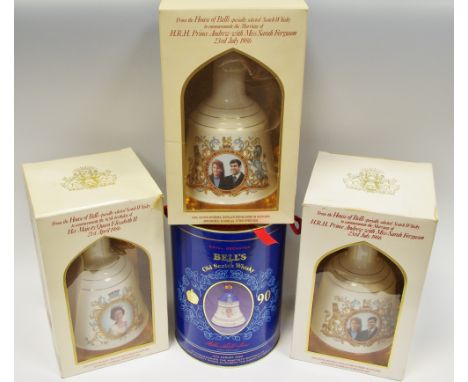A Bell's Scotch Whisky Celebration decanter, Andrew an Sarah 1986, boxed; another; Queen Mother's 90th birthday in metal cyli