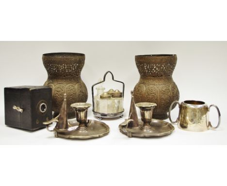 A pair of Japanese bronzed vases, cast with arched panels of birds and foliage, 19cm high, Meiji period;  a pair of plated ch