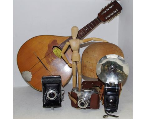 Boxes &amp; objects - a Mandolin; a pine milliners head; a pine artists articulated mannequin; an Ensign Selfix 16-20 bellows