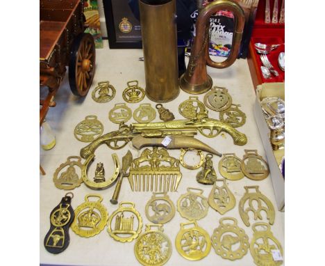 Metalware - 19th century and later horse brasses, Trench art shell case letter knife,  shell case vase, copper and brass bugl