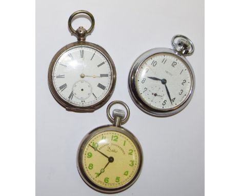 A continental silver open faced pocket watch, white enamel dial, black Roman numerals, subsidiary second dial; another silver