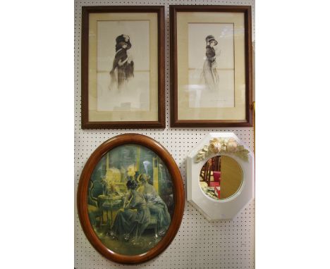 Maurice Milliere, after fashionable hand tinted plates; a convex crystoleum type print, walnut frame; contemporary white look