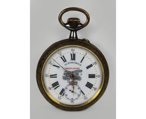 Automobile Regulateur Depose Herrentaschenuhr, 19. Jh., Rückendeckel mit Guilloche und Goldapplikation. Guter Zustand, Uhr lä