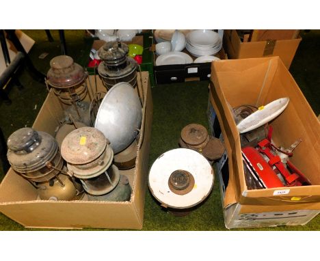 Miscellaneous items, to include oil lamps, scales, fire irons, etc.  (2 boxes and loose)