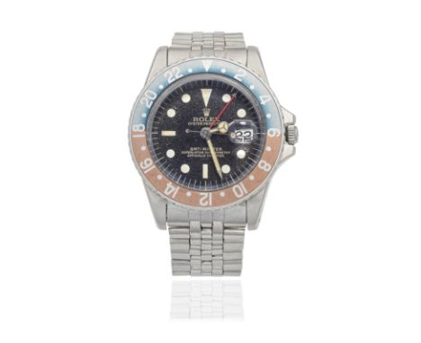 Rolex. A stainless steel automatic calendar bracelet watch with dual time zone and gilt dialModel: GMT Master 'Pepsi'Referenc