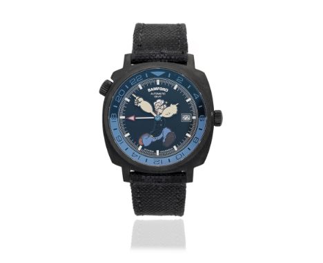 Bamford. A Limited Edition black PVD coated stainless steel automatic calendar wristwatch with dual time zoneModel: Popeye GM