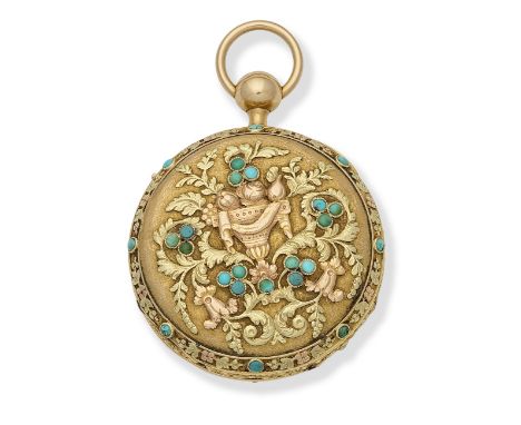 Roberts. A continental gold and turquoise set key wind open face quarter repeating pocket watchDate: Circa 1800Movement: Gilt