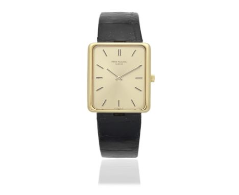Patek Philippe. An 18K gold manual wind rectangular form wristwatch with sigma dialReference: 3599Date: Circa 1970Movement: 1