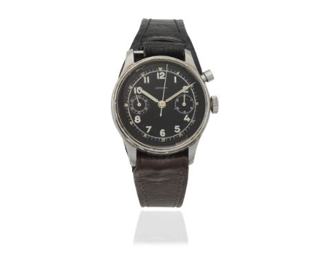 Lemania. A stainless steel military style manual wind single button chronograph wristwatchDate: Circa 1940Movement: Gilt fini