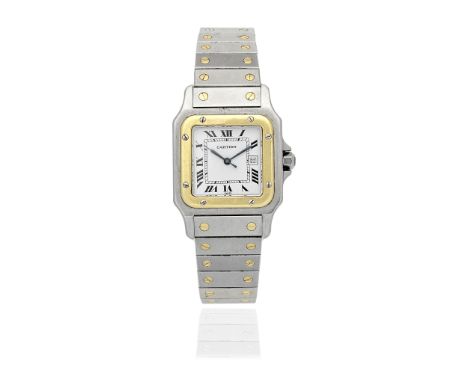 Cartier. A stainless steel and gold automatic calendar bracelet watchModel: SantosDate: Circa 1990Movement: Jewelled automati