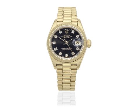 Rolex. A lady's 18K gold diamond set automatic calendar bracelet watchModel: DatejustReference: 69178Date: Purchased 29th Jul