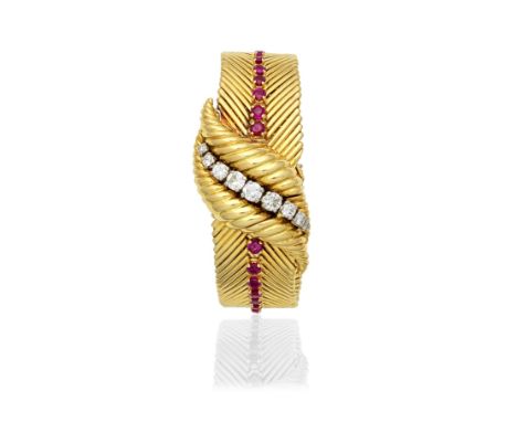 Kutchinsky and Jaeger-LeCoultre. An unusual 18K gold diamond and ruby set manual wind bracelet watch with concealed dialDate: