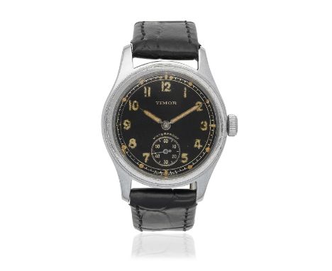 Timor. A stainless steel manual wind Military issue wristwatchDate: Circa 1940Movement: 17-jewel manual windDial: Black, lumi