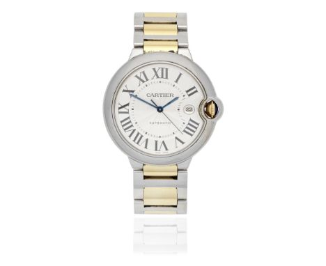 Cartier. A stainless steel and gold automatic calendar bracelet watchModel: Ballon BleuReference: 3001Date: Purchased 9th Nov