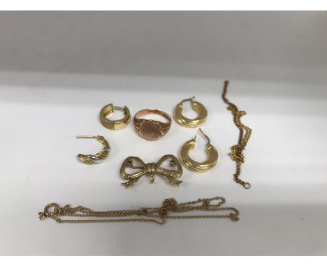 A collection of 9 ct gold including signet ring earrings brooch and bracelet,