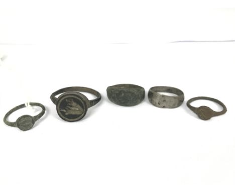 An interesting collection of Five roman rings. One is of white metal, one is late Roman and was discovered in Bulgaria. There