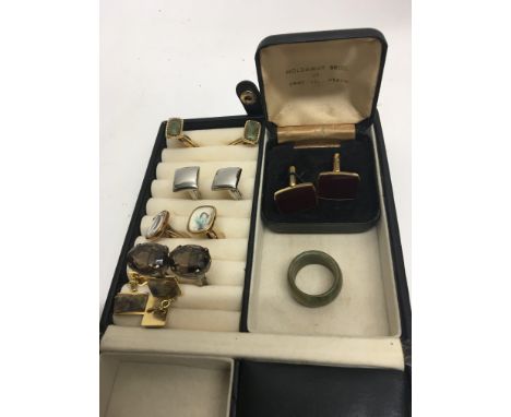 A collection of gents cufflinks some set with jade and a jade ring. (a lot)