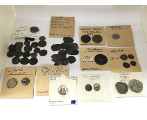 Collection of ancient mainly European coins. Including four Venetian Soli coins, silver Greek coins circa 150 B.C, silver Ven