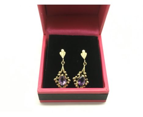 A pair of 9ct gold amethyst drop earrings