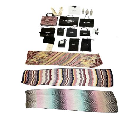 A quantity of designer/boutique shopping bags, dust bags and scarves including Missoni, Chanel, a pair of Missoni high heeled