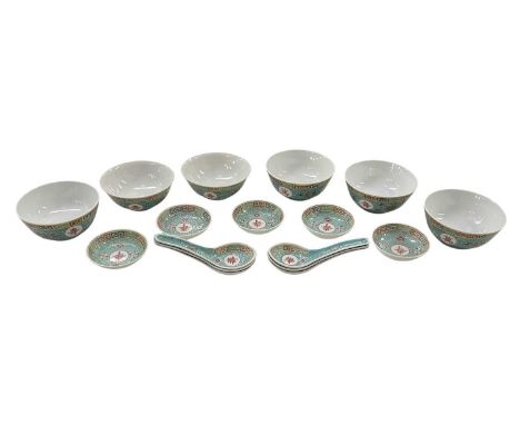 A set of six modern Chinese blue ground floral decorated rice bowls, all with red painted character marks to base, diameter 1