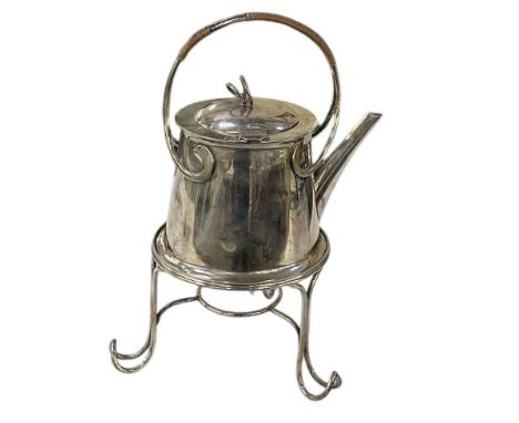 An early 20th century silver plated Arts and Crafts spirit kettle on stand, with woven handle, inscribed to the base 'Long Ca