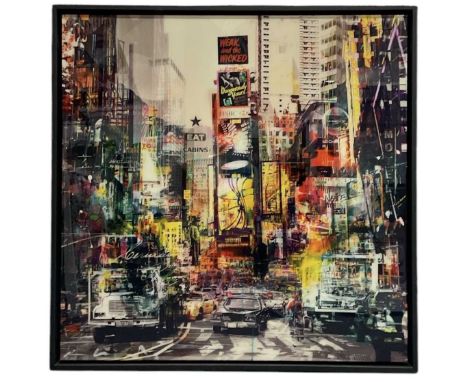 † PACO RAPHAEL; a glazed mixed media on aluminium, 'Time Square', signed lower left, 100 x 100cm, framed.