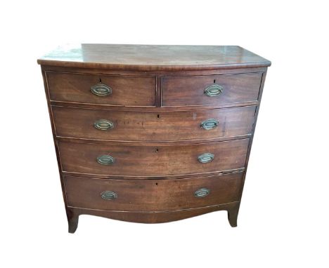 A Victorian mahogany bowfronted chest of two short over three long drawers, raised on bracket feet, width 108cm, depth 55cm, 
